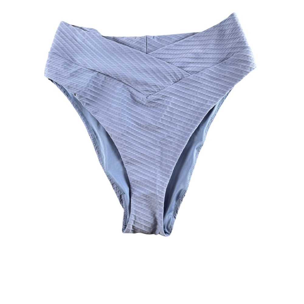 Aerie High Waisted High Cut Cheeky Bikini Bottom Blue V-Front Textured Large NWT